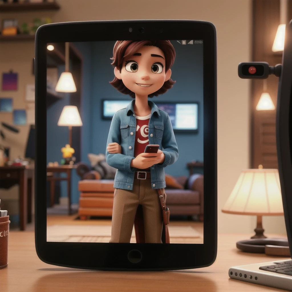Character holding a cell phone with the screen facing the screen in png