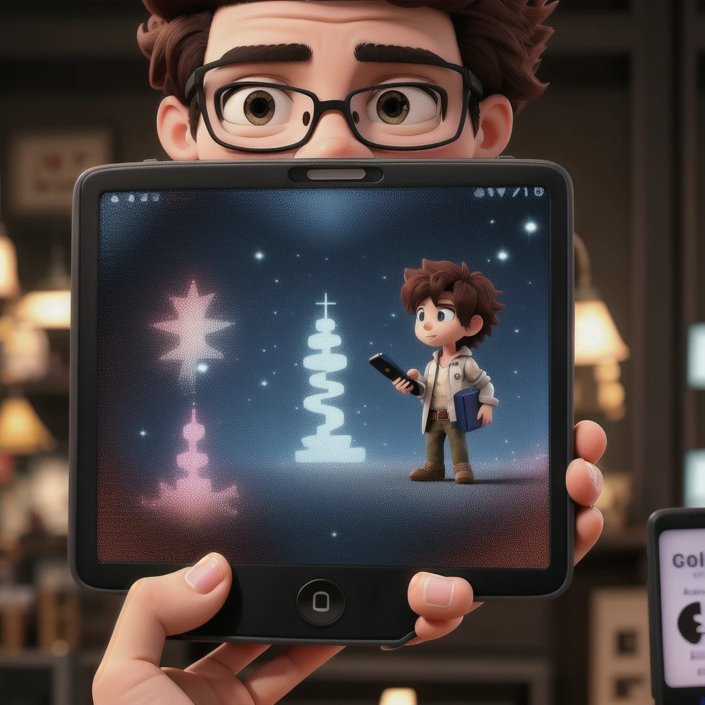 Character holding a cell phone with the screen facing the screen in png