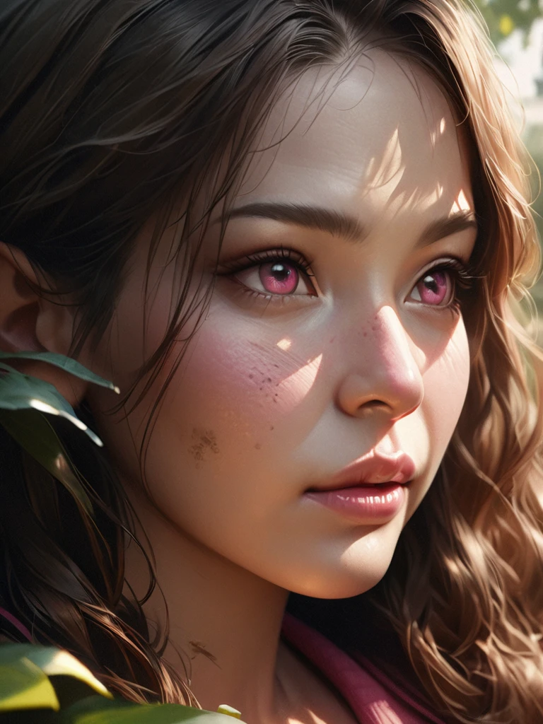 A girl wearing large, pink scuba goggles over her eyes, long curly hair, dirty and smudged goggles, (best quality,4k,8k,highres,masterpiece:1.2),ultra-detailed,(realistic,photorealistic,photo-realistic:1.37),detailed eyes, detailed nose, detailed lips, longeyelashes, girl in a garden, beautiful detailed face, outdoor scenery, natural lighting, vibrant colors, lush greenery, detailed foliage, intricate details