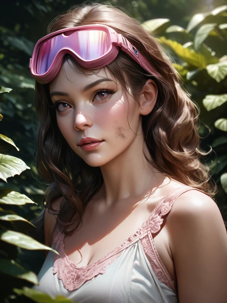 A girl wearing large, pink scuba goggles over her eyes, long curly hair, dirty and smudged goggles, (best quality,4k,8k,highres,masterpiece:1.2),ultra-detailed,(realistic,photorealistic,photo-realistic:1.37),detailed eyes, detailed nose, detailed lips, longeyelashes, girl in a garden, beautiful detailed face, outdoor scenery, natural lighting, vibrant colors, lush greenery, detailed foliage, intricate details
