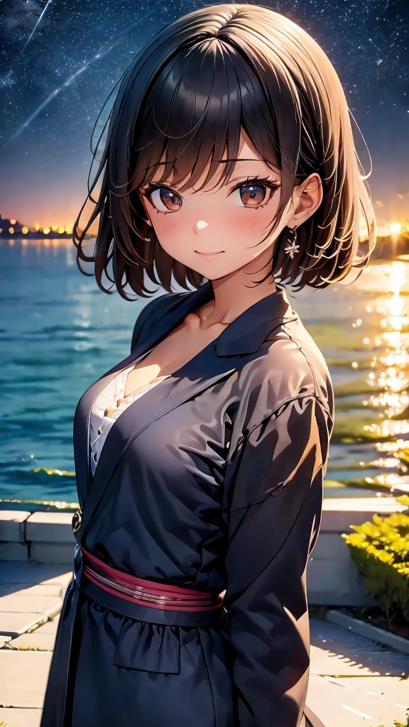 ((Highest quality)), ((masterpiece)), (detailed), 
A beautiful black-haired girl standing by the sea、summer、night、、cute、yukata、Starry Sky、Buckshot、Vision、Side Angle、