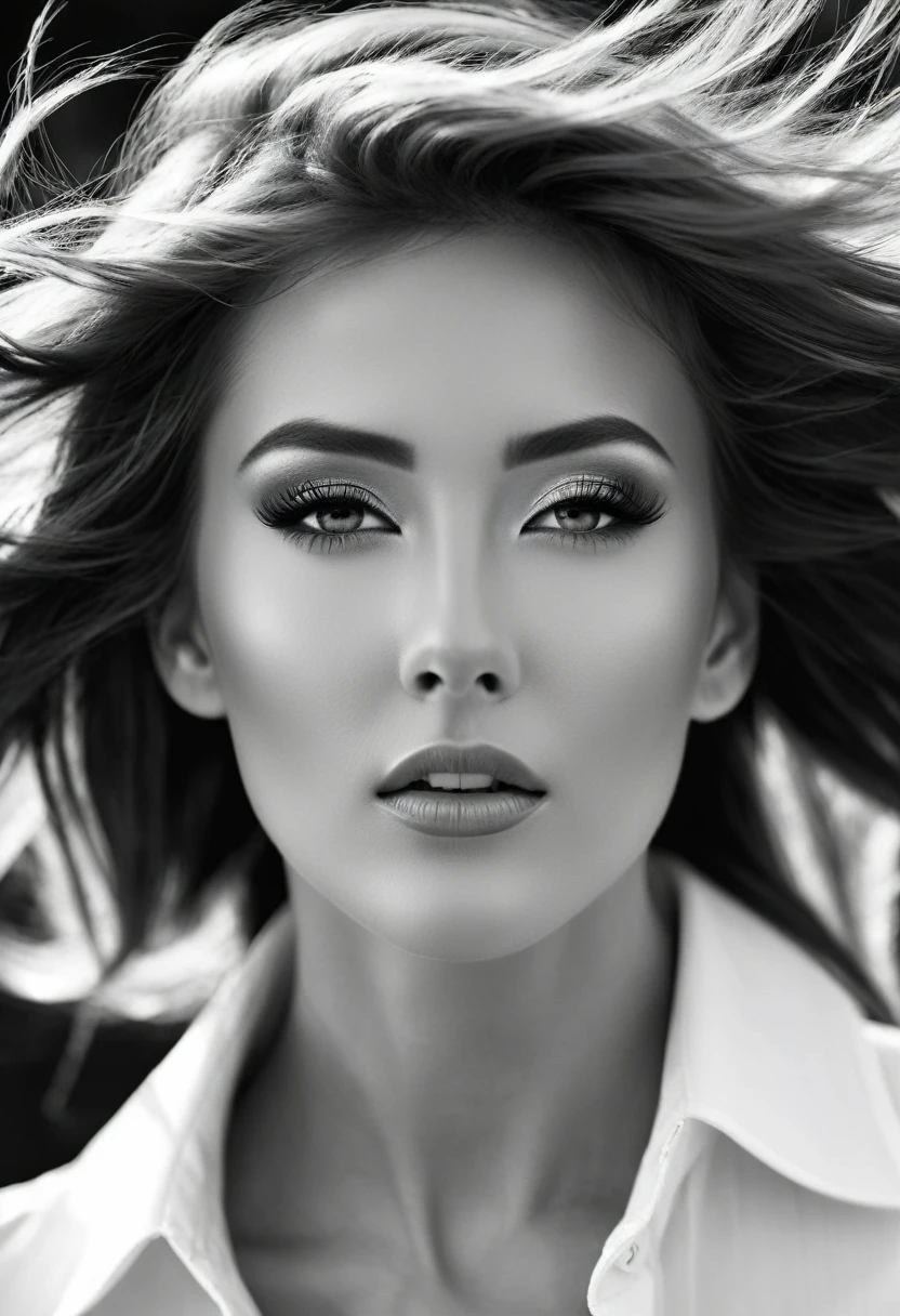 a beautiful woman with hair blowing in the wind, close-up shot of her face, high fashion photo shoot, black and white photography, high contrast, soft lighting, high resolution, hyper-realistic, super detailed in the style of a high fashion,