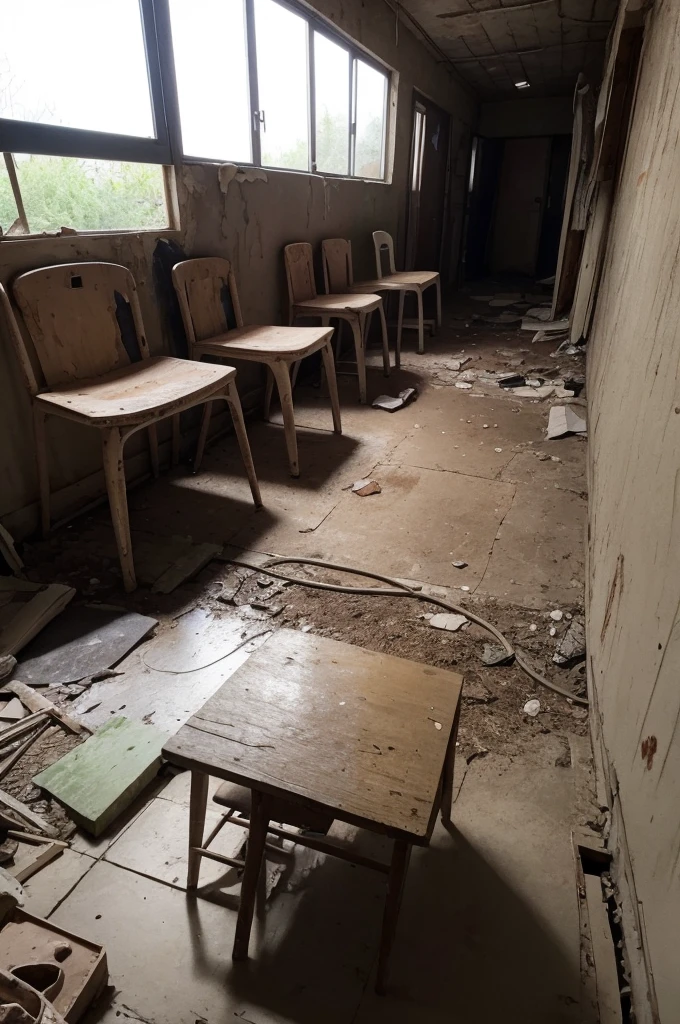 Bottom of a house, a little dirty and messy, in the center of the image a table with two chairs, one of them broken, On the wall in the background, I want it to have a broken part so you can see the outside