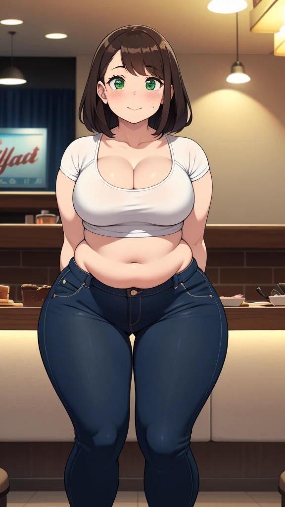 ((highres)), Masterpiece, high quality, best quality, beautiful, perfect lighting, detailed face, ultra cute face, looking at viewer, on a date, ((blush)), affectionate smile, ((1girl)), ((solo)), brown hair, fluffy hair, green eyes, jeans, crop top, tight clothes, fast food restaurant, medium breasts, cleavage, wide hips, ((thick thighs)), ((chubby)), chubby belly, standing, arms behind back, leaned over, cute pose,