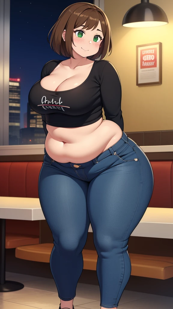 ((highres)), Masterpiece, high quality, best quality, beautiful, perfect lighting, detailed face, ultra cute face, looking at viewer, on a date, ((blush)), affectionate smile, ((1girl)), ((solo)), brown hair, fluffy hair, green eyes, jeans, crop top, tight clothes, fast food restaurant, medium breasts, cleavage, wide hips, ((thick thighs)), ((chubby)), chubby belly, standing, arms behind back, leaned over, cute pose,