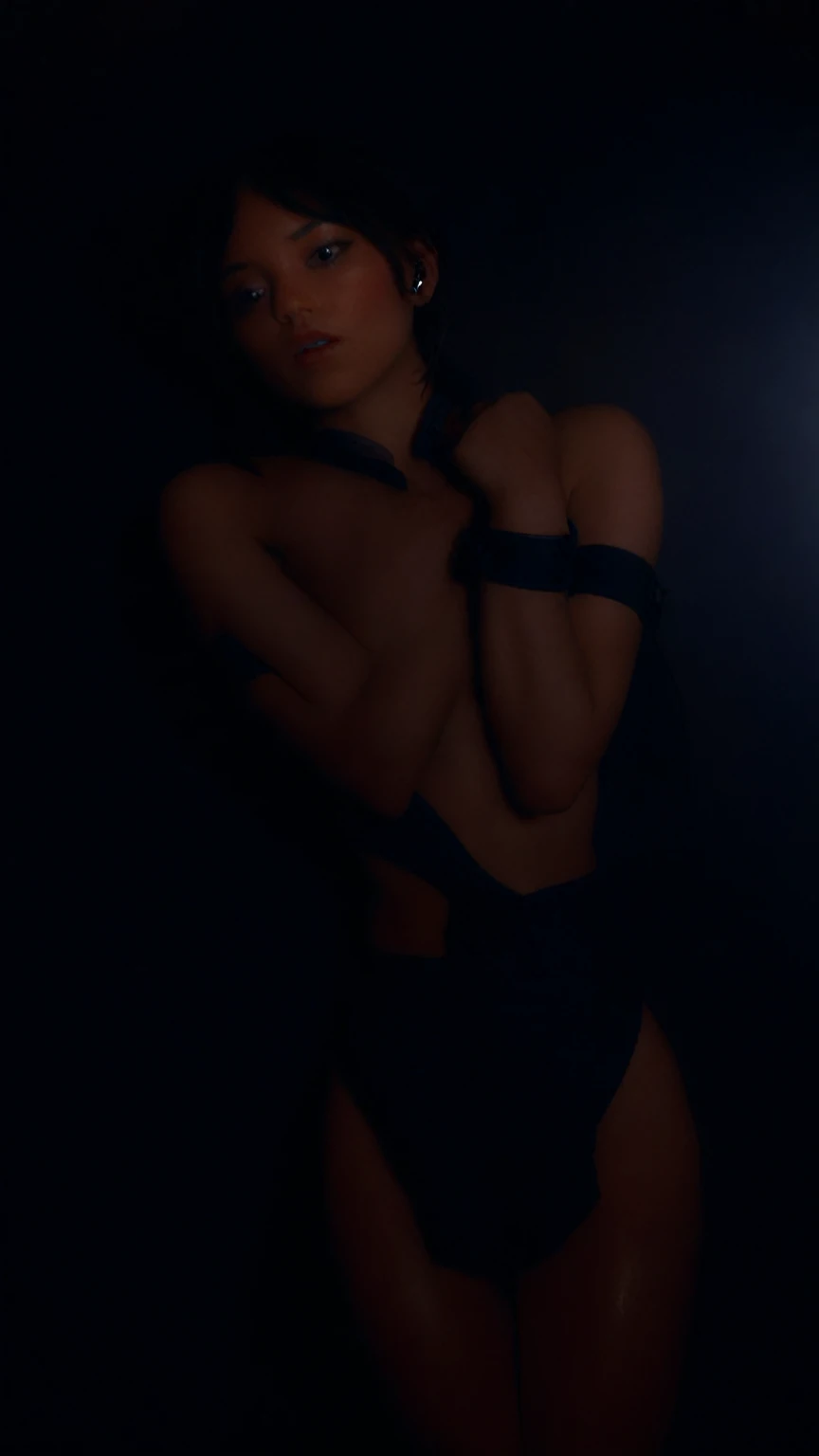 a beautiful picture of w3dn3sday, masterpiece, photorealistic, woman, detailed, backlighting, light, RAW color photo,(fully in frame:1.1), detailed skin texture, (blush:0.5), (goosebumps:0.5),wearing a uniform, black hair, nude, lying on bed, slave collar, realistic dull skin texture, viewed from above, legs open, (tied up:1.9), (handcuffed:1.6), brightly lit