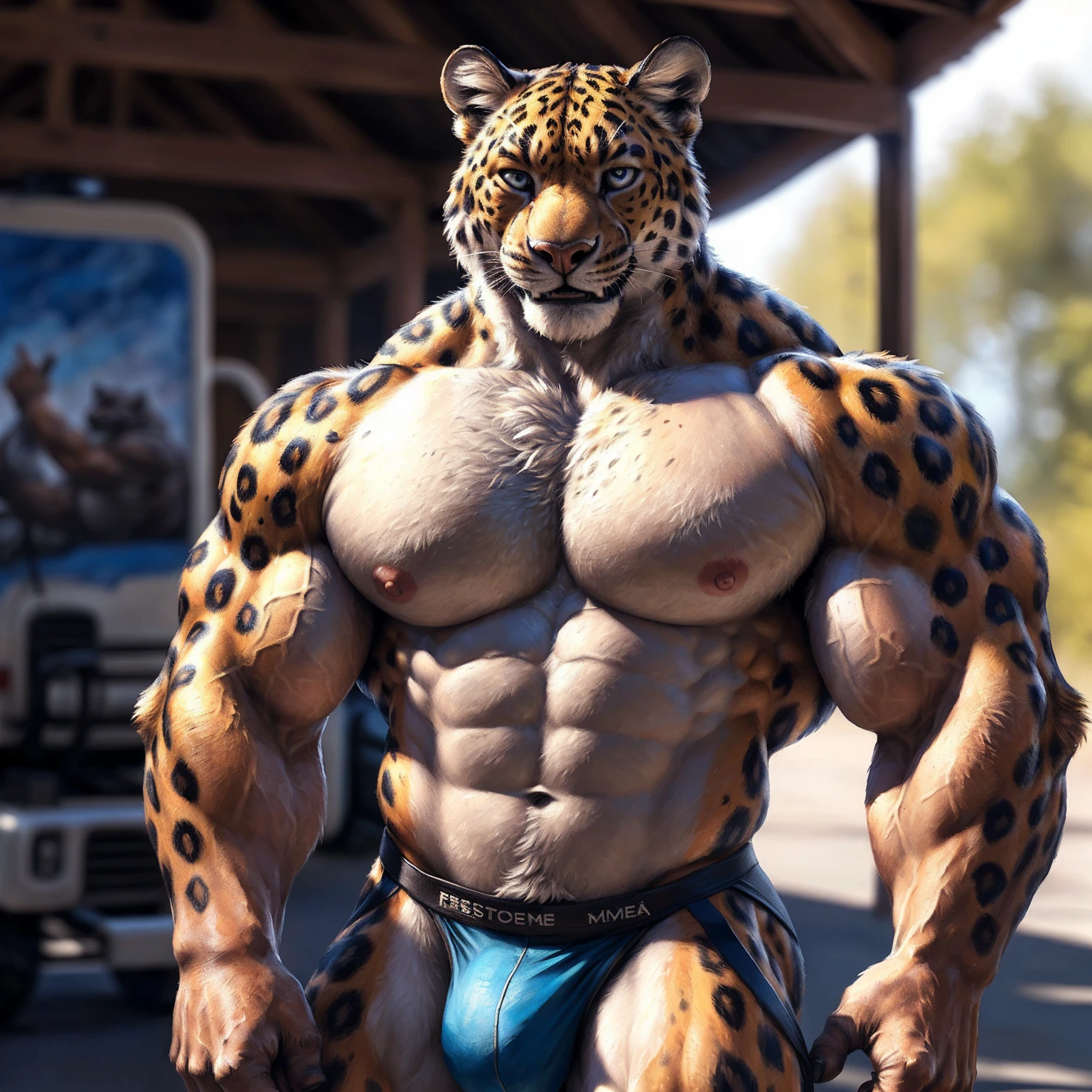 Leopard, ((presenting pecs)), looking at viewer ((happy smile)), ((happy eyes)), ((happy face)), photo studio background, jockstrap, detailed nipples, beefy muscular body, athletic muscular body, fitness muscular body, face focus, bodybuilder muscular body, swole muscular body, buff muscular body, muscular male, muscular, detailed fur, detailed muscles, bright body, detailed face, high detailed, high resolution, high quality, beautiful eyes, detailed eyes, (muscular serratus), (muscular oblique), (muscular v-cut), (big butt muscles), ((broad muscular shoulder)), ((muscular thighs)), ((muscular abs)), (((((huge muscular pecs))))), ((muscular biceps)), ((muscular triceps)), ((muscular quads)), ((muscular deltoids)), ((forearm muscles)), (muscular anthro), manly masculine male, by bruteandbrawn, by personalami, by kenket, (intricate, high detail, film photography, soft focus, RAW candid cinema, photorealism, realistic, photorealistic, analog style, subsurface scattering, masterpiece, best quality, ultra realistic, 8k)