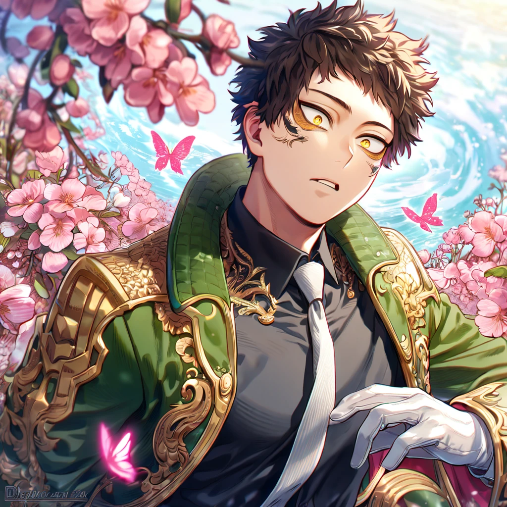 absurdres, highres, ultra detailed, HDR, master piece, best quality, extremely detailed face, delicated features, Overhaul, dark brown hair, short hair, short bangs, expressive yellow eyes, Boku No Hero Academia, solo, sexy man, handsome, green jacket with fur, black shirt, white necktie, white gloves, water, blossoms, pink flowers, pink butterflies, fantasy, magic, radiant