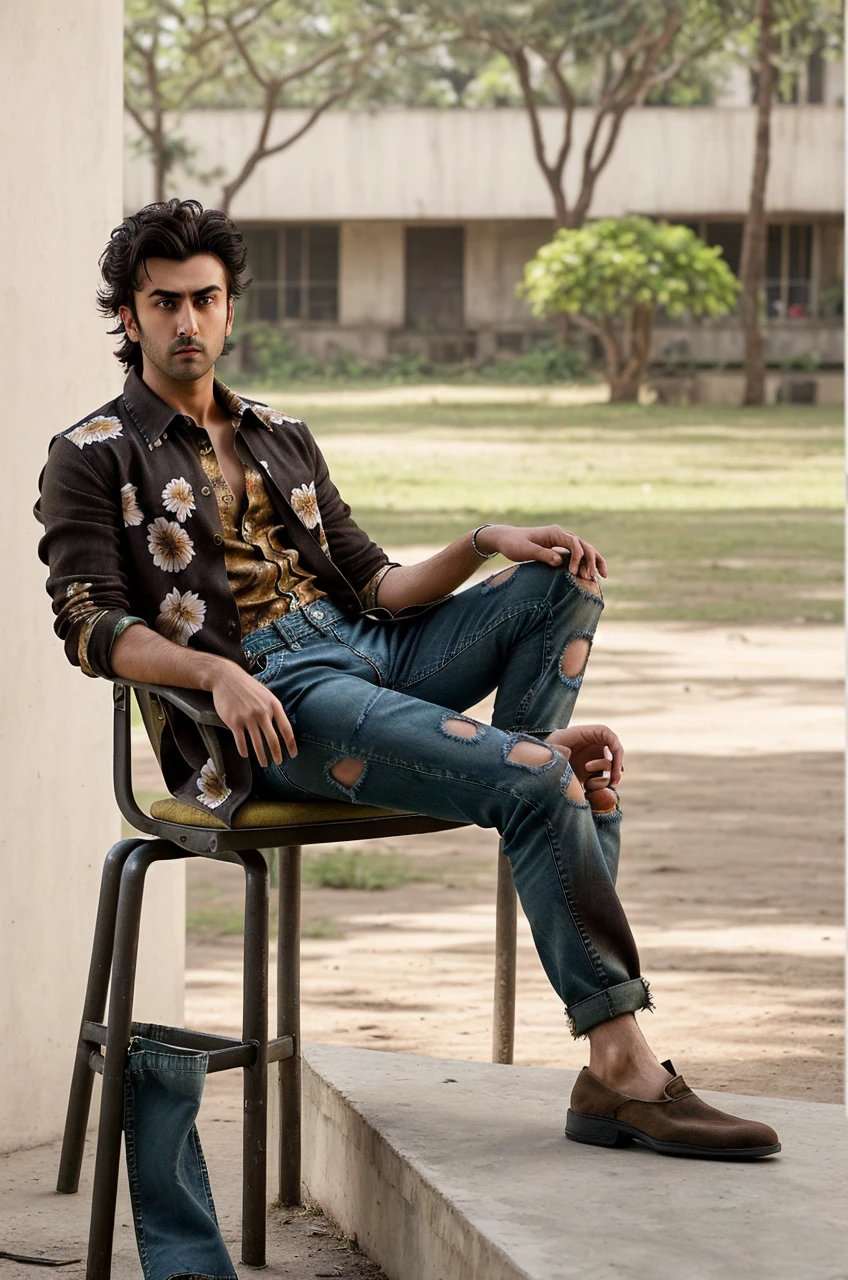 Mesmerizing photograph captures a young model handsome man with a hairstyle inspired by Ranbir Kapoor from the movie "Animal.", wearing (FLORAL PRINT SHIRT WITH OVERALL DESIGN
GUILD STATEMENT - DIMP - BLACK
) anD (faded brown torn jeans pant)