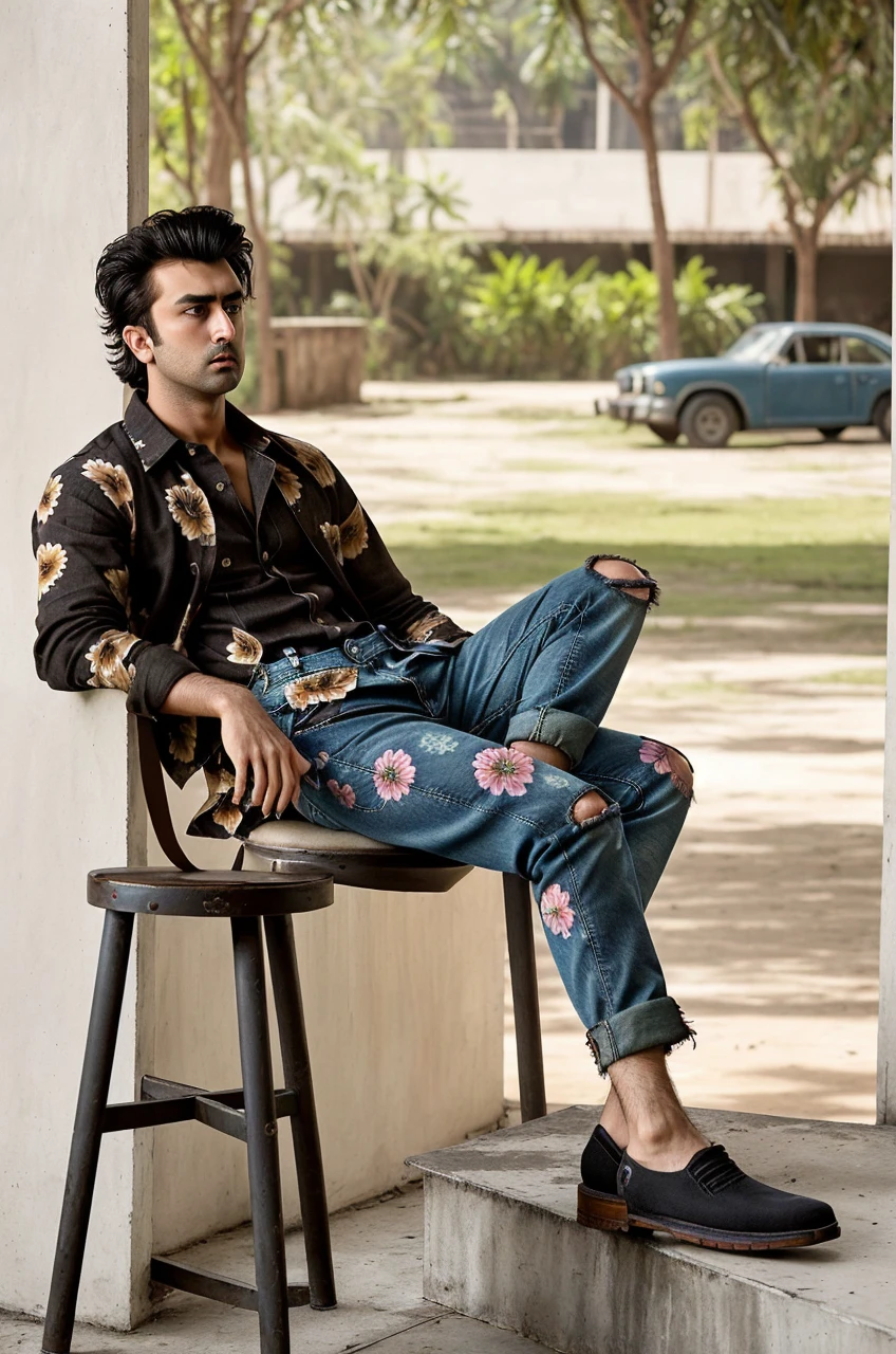 Mesmerizing photograph captures a young model handsome man with a hairstyle inspired by Ranbir Kapoor from the movie "Animal.", wearing (FLORAL PRINT SHIRT WITH OVERALL DESIGN
GUILD STATEMENT - DIMP - BLACK
) anD (faded brown torn jeans pant)