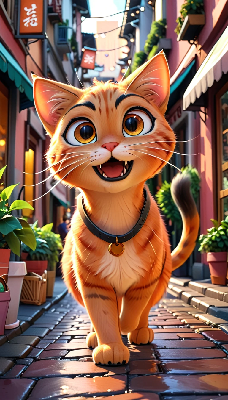 cute, big, Orange cat walking down the street. cute, big, A reddish colored cat with a hungry look walking down a crowded street.。Shops and people々々As they come and go、The soft light of the evening envelops the city.。The cat seems to be looking for something.、Move your eyes around。