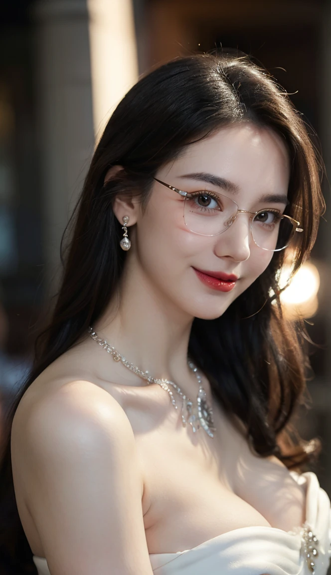 (Canon RF85mm f/1.2), (8K, RAW photos, best quality), (masterpiece), (actual, photograph actual), (Very detailed, High Detail, Best image quality, Super detailed, high resolution, Very detailed, Very detailed的描述, Ultra-fine, Extremely exquisite and beautiful work), Beautiful and delicate girl, Solo Girl, ((Perfect body)), Very detailed eyes and face, White skin, Noble beauty, ((The skin texture is delicate, Pores)), Perfect anatomical structure, Beautiful body, Delicate face, Slim abs, Slim waist), Big Ass, (Large Breasts, Breast enlargement), (Cleavage), (affectionate gaze, soulful eyes, Glowing eyes), (beautiful and clear eyes), (Bounce Curly Messy Long Hair), (Smile:1.2), (fascinated expression), (Attractive appearance), ((Cardigan,Strapless wedding dress)), ((Tight)), ((bud)), ((wear glasses)), earrings, necklace, ((night)), ((Street View, moonlight)), Physically Based Rendering, Realistic lighting, (((Upper Body))), ((looking at the audience)), ((Everlasting)), ((Happy and shy))