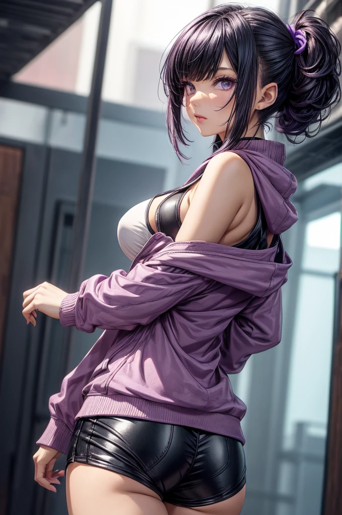 (masterpiece), best quality, expressive eyes, perfect face, purple hair, yellow eyes, women, white crop top, hair in a bun, black pants
