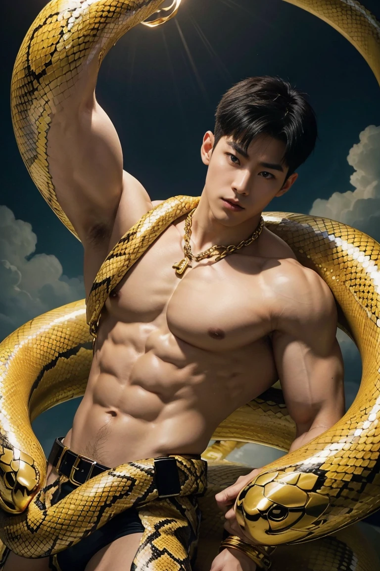 A muscular Korean man is in wonderland, 20 years old, His body is very muscular ((half golden snake body)), ((golden snake tail shaped lower body)) has no legs.   Above his head is a halo surrounded by white clouds and golden holy light., (His body is decorated with a gold chain with precious stones, finger rings), (Heavy belt).   with a ribbon He has short black hair with shaved temples and large, expressive green eyes.  A clock continues to tick in the distance seen from above