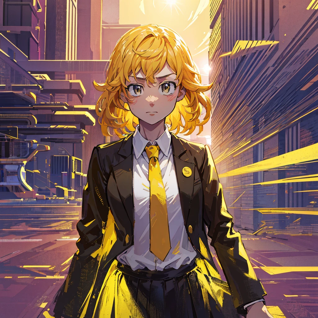 1 girl, intricate detail, Masterpiece, Best Quality, extremely detailed,cinematic lighting, beautiful detailed shine, Beautiful face and finely detailed eyes., 8k, dark and intense shadows, yellow eyes, medium hair, black fur, hits, by the floating, black jacket, open jacket, White shirt, Expressionless, yellow tie, black skirt, stand out, Sun light, sunrise, gradient sky, City, Lens flare, cowboy shot, [[curves]], [mature woman]