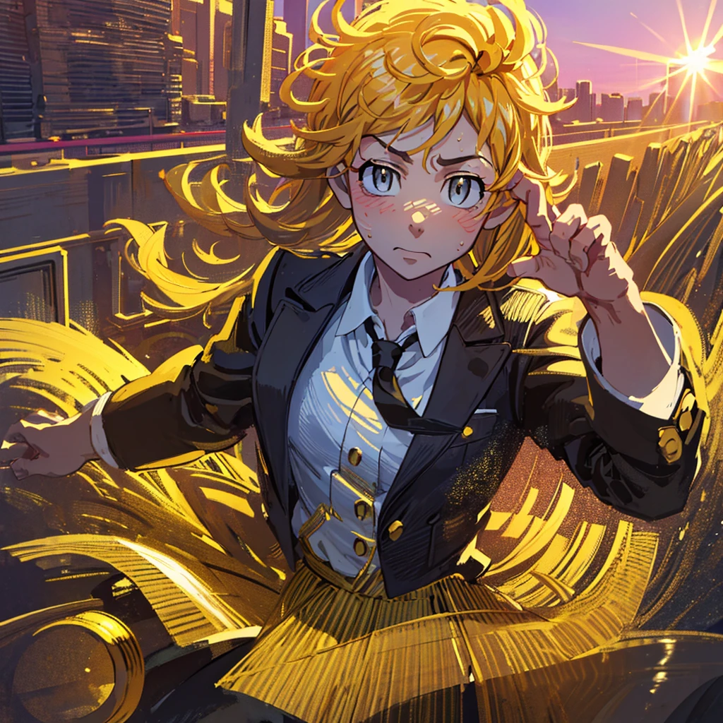 1 girl, intricate detail, Masterpiece, Best Quality, extremely detailed,cinematic lighting, beautiful detailed shine, Beautiful face and finely detailed eyes., 8k, dark and intense shadows, yellow eyes, medium hair, black fur, hits, by the floating, black jacket, open jacket, White shirt, Expressionless, yellow tie, black skirt, stand out, Sun light, sunrise, gradient sky, City, Lens flare, cowboy shot, [[curves]], [mature woman]