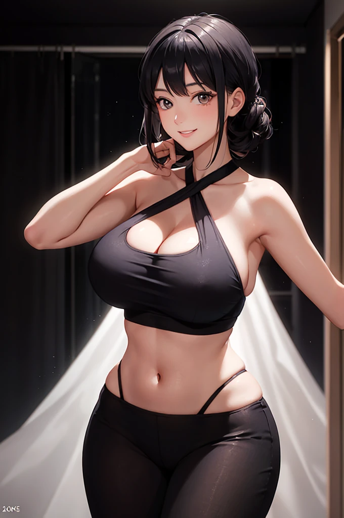 20 year old woman,soft lighting, dynamic posing,perfect face,smiling,perfect figure, black hair,random hairstyle,silver halter top dress,narrow shoulders,huge breasts, wide hips