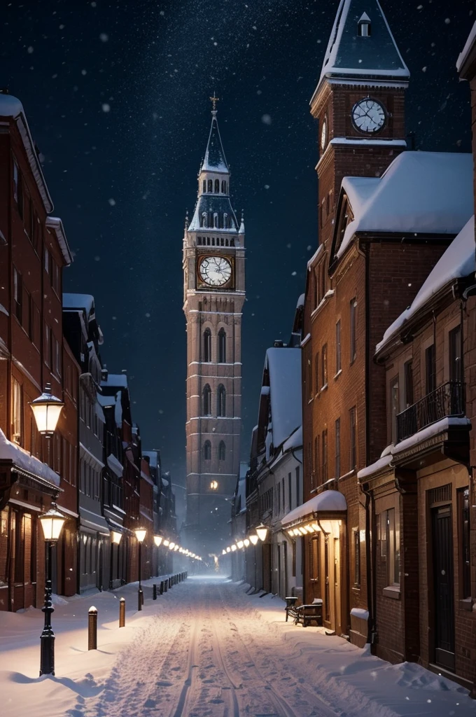 Street in the middle of the night snowing with a clock tower at the end illuminating 