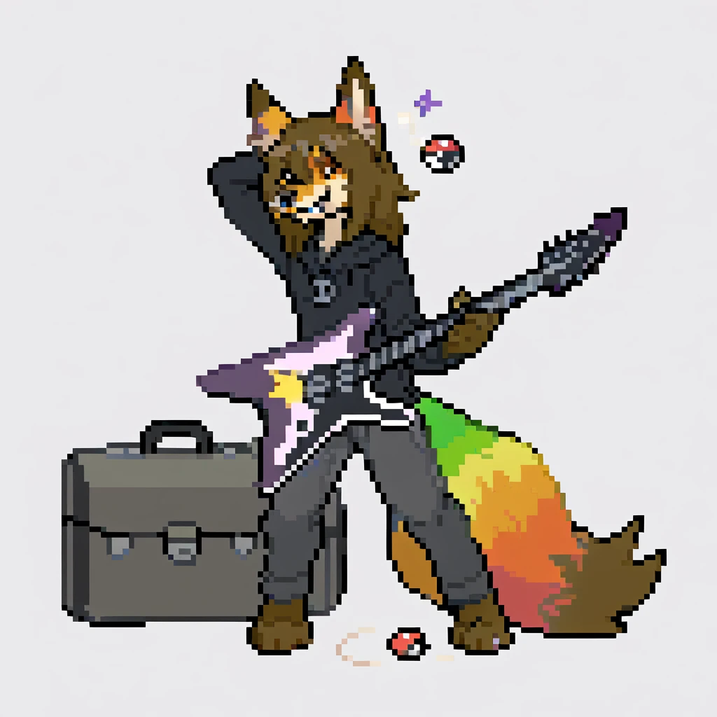 canid, canine, canis, mammal, mythological_canine, were, werecanid, werecanine, fox, anthro, biped, rainbow_body, rainbow_fur, long_brown_hair, brown_tail, black_hoodie, black_jeans, nose_piercing, star_pin, star_guitar, strumming, pokéball_inside_instrument_case, instrument_case_on_ground, grining, pose, male, fingers, fluffy, fluffy_tail, fur, thin_anthro, full_body, solo, digital_media_(artwork), hi_res, masterpiece,