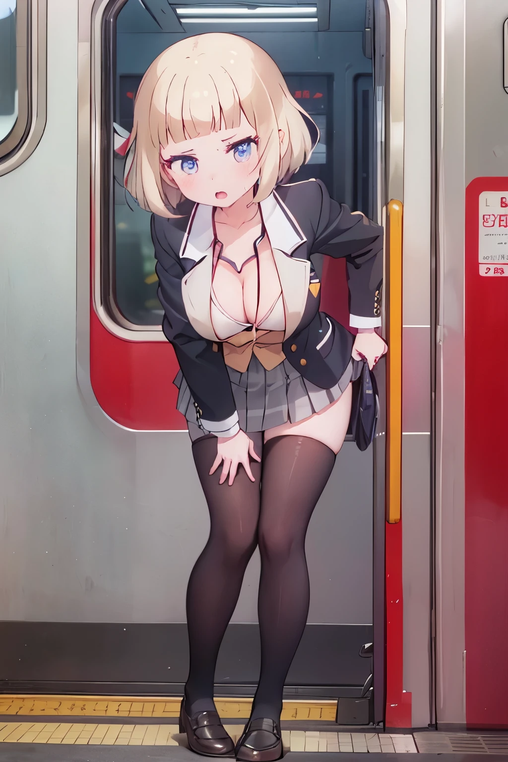 (8K、Highest quality、highest quality、masterpiece)、Detailed face、One girl、on the train、((Pressing her chest against the train window 1.4))、、short hair、、blunt bangs、Grey Eyes、、、((Blazer jacket uniform))、((Pleated skirt))、((No panties))、((bent over))、Back Alley Background、Very large breasts、Nipples are visible、、Black Pantyhose、Milk dripping from nippleilk spurting from the nipple、、Open your mouth、Troubled face、Love juice from the genitals、Full body portrait、Black Loafers、One man、Hearts in the eyes、Sex with a man、A man stands behind、A man grabs my waist from behind