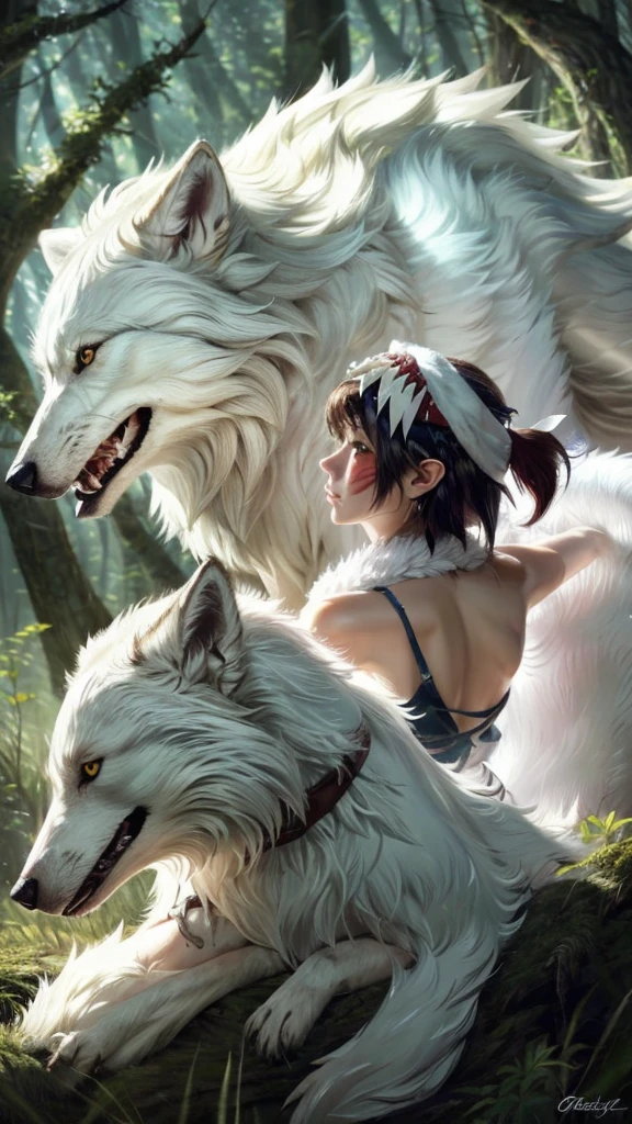 Two White Wolves,Back view,Precision,detailed,dynamic,official art, unity 8k wallpaper, Super detailed, beautiful, beautiful, masterpiece, highest quality, Painting of a woman riding a white wolf in the forest, studio ghibly style mononoke, riding a giant silver wolf, artwork in the style of Gweiz, princess mononoke inspired, Gweiz, Gweiz on artstation pixiv, Gweiz on pixiv artstation, mononoke, furry fantasy art