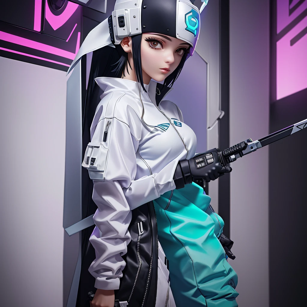 Arabian woman in white clothes holding two swords and a mask, Cyberpunk Streetwear, Cyberpunk style outfit, Calm cyberpunk style, cargo pants. Cyberpunk City, Cyberpunk Costume, wearing Cyberpunk Streetwear, Photos of women in techwear, Cyberpunk Fashion clothing, Cyberpunk Clothing, Ghost in the Shell style, Cyberpunk Fashion, Cyberpunk Costumes, Cyberpunk Fashion clothes, wearing japanese techwear