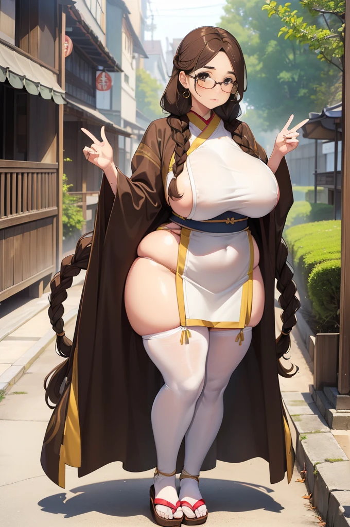 ((Giant saggy tits)),((caderas anchas)),((Chica blanca)),((Long brown hair with braids)),((brown eyes)),((thicc thights)),((gafas)),Thicc MILF,((Ropa de diosa japonesa)),((full body))