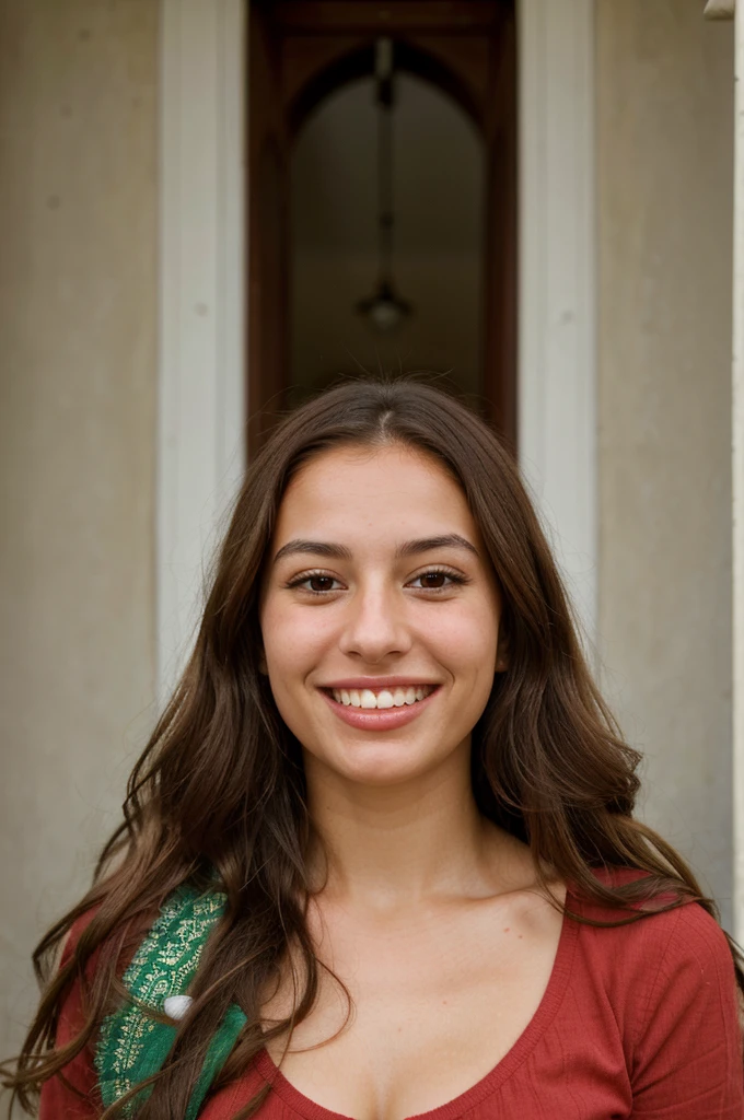 a photo-realistic portrait of a beautiful Palestinian woman with long brown hair, red shirt, white teeth, and a cute smile, with highly detailed and realistic facial features, modest expression, and realistic white skin tone