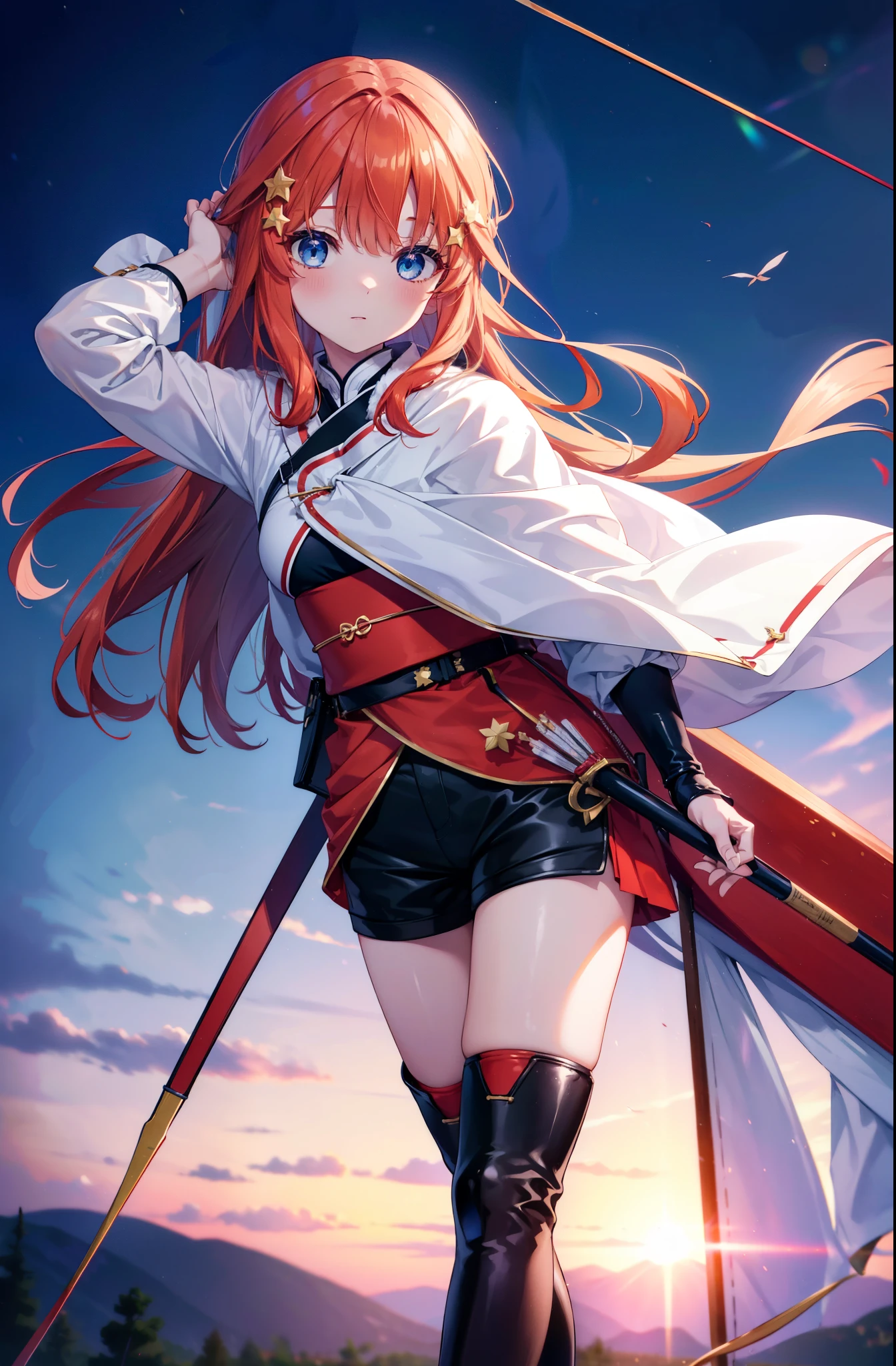 itsukinakano, itsuki nakano, bangs, blue eyes, Hair between the eyes, Redhead, star \(symbol\), hair ornaments, star hair ornaments,Long Hair,Carrying an archery bag,He has a quiver on one side, boots, Cape,gloves, red Knee socks, High heels, Shorts, Knee socks,whole bodyがイラストの中に入っていくように,歩いている
break outdoors, forest,forest林, break looking at viewer,whole body, 
break (masterpiece:1.2), Highest quality, High resolution, unity 8k wallpaper, (shape:0.8), (Fine and beautiful eyes:1.6), Highly detailed face, Perfect lighting, Highly detailed CG, (Perfect hands, Perfect Anatomy),