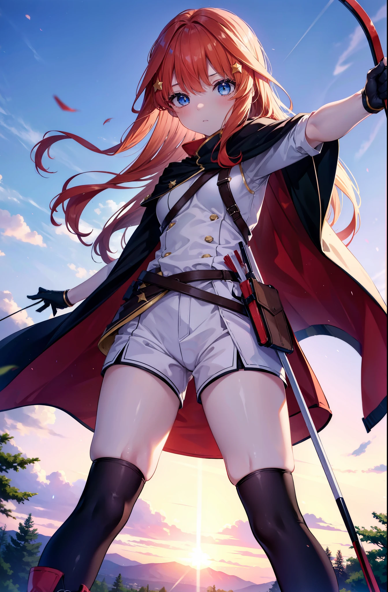 itsukinakano, itsuki nakano, bangs, blue eyes, Hair between the eyes, Redhead, star \(symbol\), hair ornaments, star hair ornaments,Long Hair,Carrying an archery bag,He has a quiver on one side, boots, Cape,gloves, red Knee socks, High heels, Shorts, Knee socks,whole bodyがイラストの中に入っていくように,歩いている
break outdoors, forest,forest林, break looking at viewer,whole body, 
break (masterpiece:1.2), Highest quality, High resolution, unity 8k wallpaper, (shape:0.8), (Fine and beautiful eyes:1.6), Highly detailed face, Perfect lighting, Highly detailed CG, (Perfect hands, Perfect Anatomy),