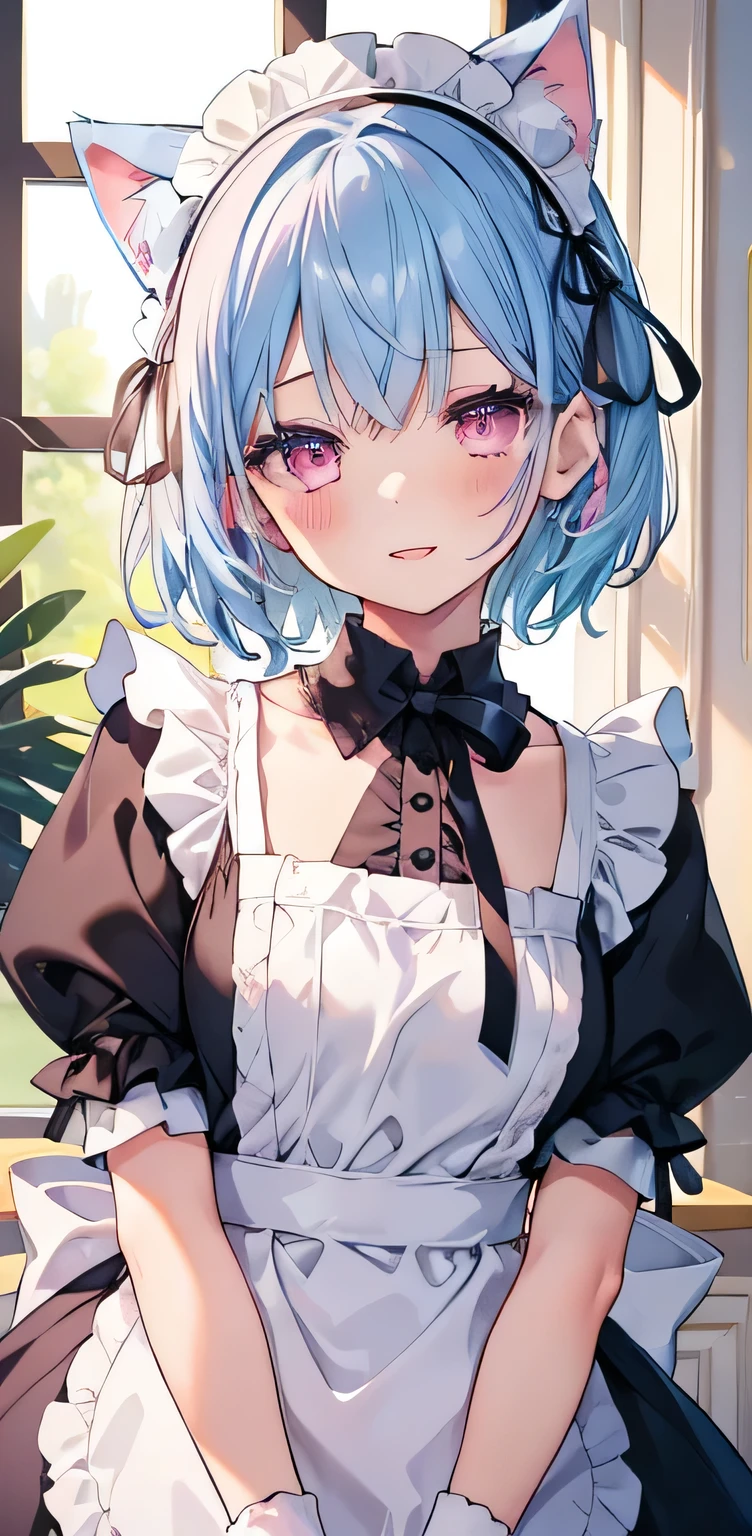One girl, alone, View your viewers, blush, smile, short hair, Open your mouth, bangs, hair ornaments, ribbon, Animal ears, Blue Hair, hair ribbon, Frills, Removable sleeves, Cat ear, Pink Eyes, apron, black dress, Maid headdress, black ribbon, pink ribbon, indoor