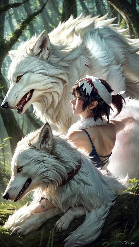 Two White Wolves,Back view,Precision,detailed,dynamic,official art, unity 8k wallpaper, Super detailed, beautiful, beautiful, masterpiece, highest quality, Painting of a woman riding a white wolf in the forest, studio ghibly style mononoke, riding a giant silver wolf, artwork in the style of Gweiz, princess mononoke inspired, Gweiz, Gweiz on artstation pixiv, Gweiz on pixiv artstation, mononoke, furry fantasy art