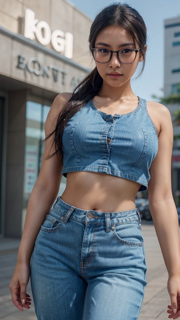 a cute tan Chinese girl wearing glasses, jean pants, crop top, beautiful detailed eyes, beautiful detailed lips, extremely detailed face, long eyelashes, photorealistic, 8k, ultra-detailed, physically-based rendering, vivid colors, professional photography