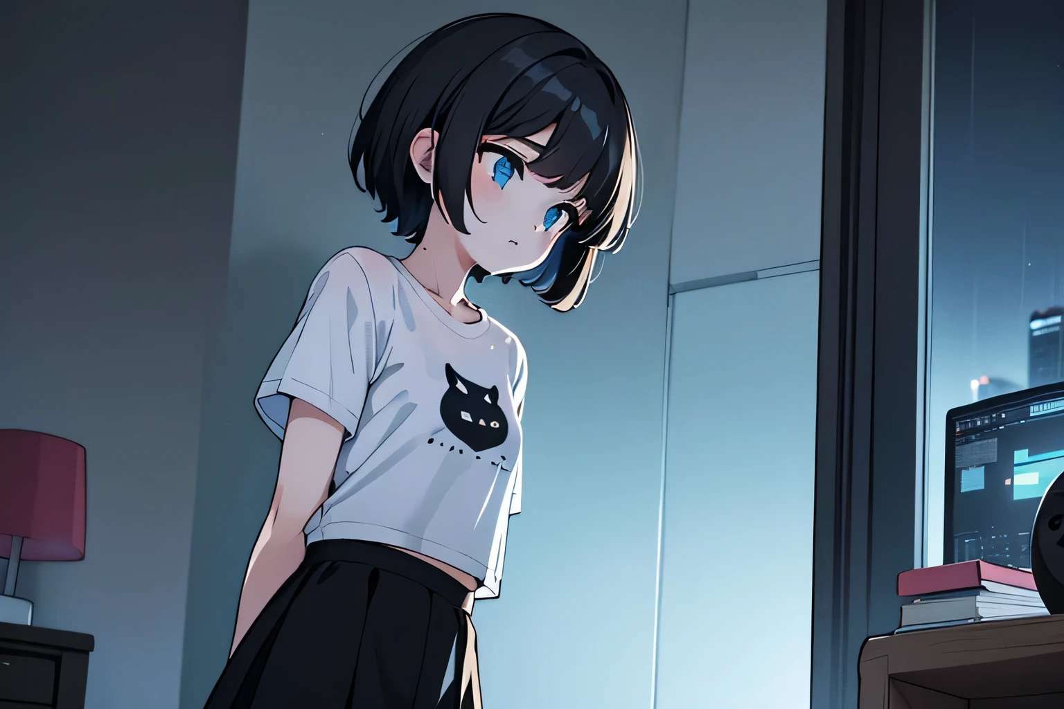 1girl, solo, blue eyes, (detailed eyes), flat chest, short hair, black hair, ((white t-shirt)), simple t-shirt, black skirt, black socks, standing, upper body,((masterpiece, illustration, best quality)) Girl meditating in her room, dreaming, Wear headphones, night lights, Neon landscape on a rainy day