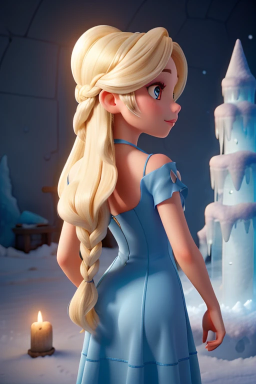 with long braid back blond hair light makeup and blue dress in an ice castle