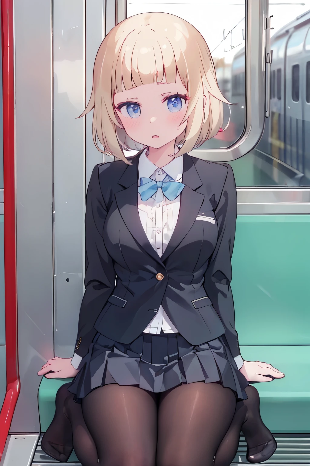 (8K、Highest quality、highest quality、masterpiece)、Detailed face、One girl、on the train、((Pressing her chest against the train window 1.4))、、short hair、、blunt bangs、Grey Eyes、、、((Blazer jacket uniform))、((Pleated skirt))、((No panties))、((bent over))、Back Alley Background、Very large breasts、Nipples are visible、、Black Pantyhose、Milk dripping from nippleilk spurting from the nipple、、Open your mouth、Troubled face、Love juice from the genitals、Full body portrait、Black Loafers、One man、Hearts in the eyes、Sex with a man、A man stands behind、A man grabs my waist from behind、Standing doggy style、Put your hand on the door
