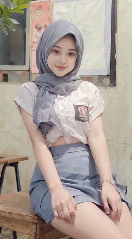 Masterpiece, high resolution, perfect face, 1 girl, indonesia girl, , modern grey, hijab, proporsional body, medium breast, (naked),indonesia high , white shirt, open shirt, long blue grey skirt, lifting skirt, no bra, no panties, hairless vagina, sit on table, spreads legs, classroom, detailed skin, sweaty body, smile, look at camera, beatifull pose,