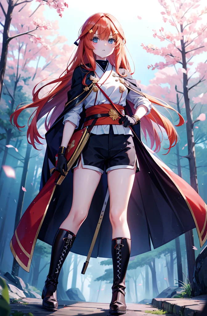 itsukinakano, itsuki nakano, bangs, blue eyes, Hair between the eyes, Redhead, star \(symbol\), hair ornaments, star hair ornaments,Long Hair,Carrying an archery bag,He has a quiver on one side, boots, Cape,gloves, red Knee socks, High heels, Shorts, Knee socks,whole bodyがイラストの中に入っていくように,歩いている
break outdoors, forest,forest林, break looking at viewer,whole body, 
break (masterpiece:1.2), Highest quality, High resolution, unity 8k wallpaper, (shape:0.8), (Fine and beautiful eyes:1.6), Highly detailed face, Perfect lighting, Highly detailed CG, (Perfect hands, Perfect Anatomy),