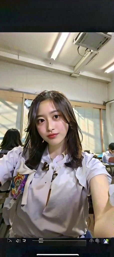 arafed woman in a white shirt taking a selfie with a cell phone, 8k selfie photograph, anime thai girl, student, selfie shot straight on angle, shot on gopro9, ruan cute vtuber, standing in class, in a classroom, she is facing the camera, front facing the camera, selfie of a young woman, taken with sony alpha 9, (((((large breasts)))))