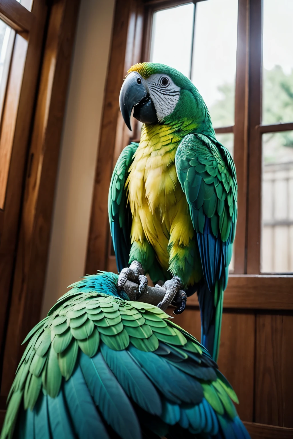 Excited open-wing parrot