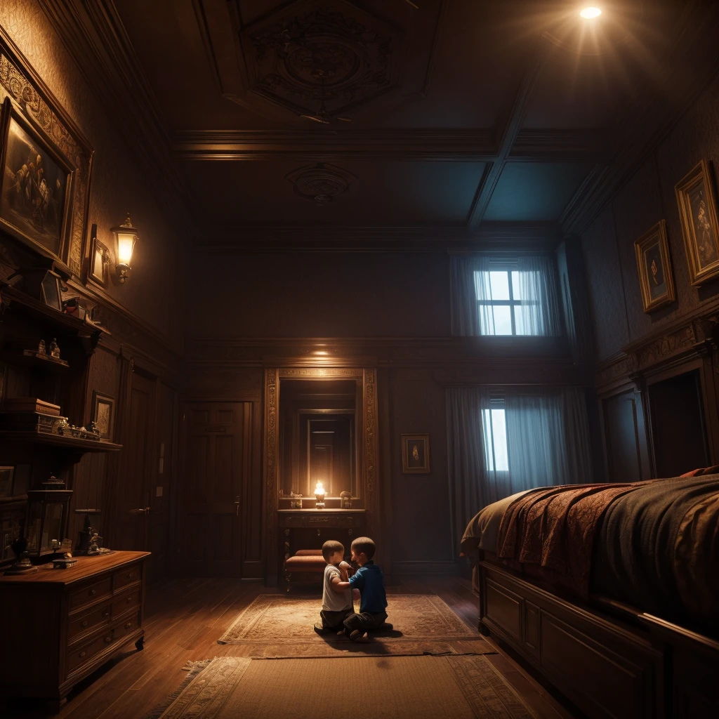  a father, a mother and a , petting their dog in their house. Deep color, realistic, wide screen, intricate detail, splash screen, complementary colors, realistic concept art, Unreal Engine 5 volumetric lighting", dynamic lighting hyperdetailed The scene should be realistic, with intricate details and dynamic, volumetric lighting. Deep colors and hyper-detailed textures should be used to enhance the overall composition. 