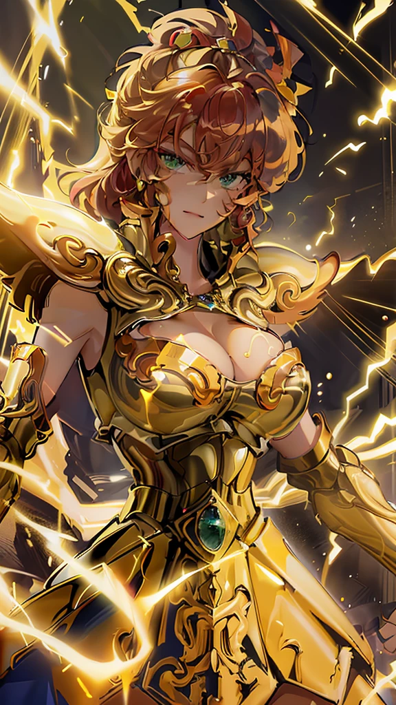 Highest image quality，Outstanding details，Ultra-high resolution，4K image, assembly, best quality, masterpiece, movie lighting ，sexly，Huge breasts，Cleavage，action，In battle，light beam from hand，Golden lightning surrounds，Green eyes，Lipstick，Gold Armor，Amot hardware has cracks，Sweat，Anger，red hair，Wave hairstyle