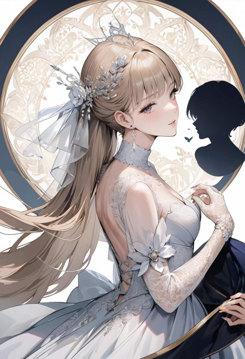 ((Top quality, masterpiece, freak, super resolution)), 1 girl, Japanese model,16 years old,Short bomb hair,Stunning bridal gown featuring a fitted bodice embellished with intricate lace appliqués and beadwork. (Illusion high neck with sheer lace sleeves that gracefully extend to the wrists and are decorated with delicate lace patterns:1.2),(Intricate sheer lace gloves:1.1),Ball gown skirt with layers of tulle, voluminous and ethereal. Silhouette. The dress has a long, flowing train that adds to its regal appearance. The back is also decorated with delicate buttons and delicate lace. This enchanting dress is perfect for a fairytale wedding.