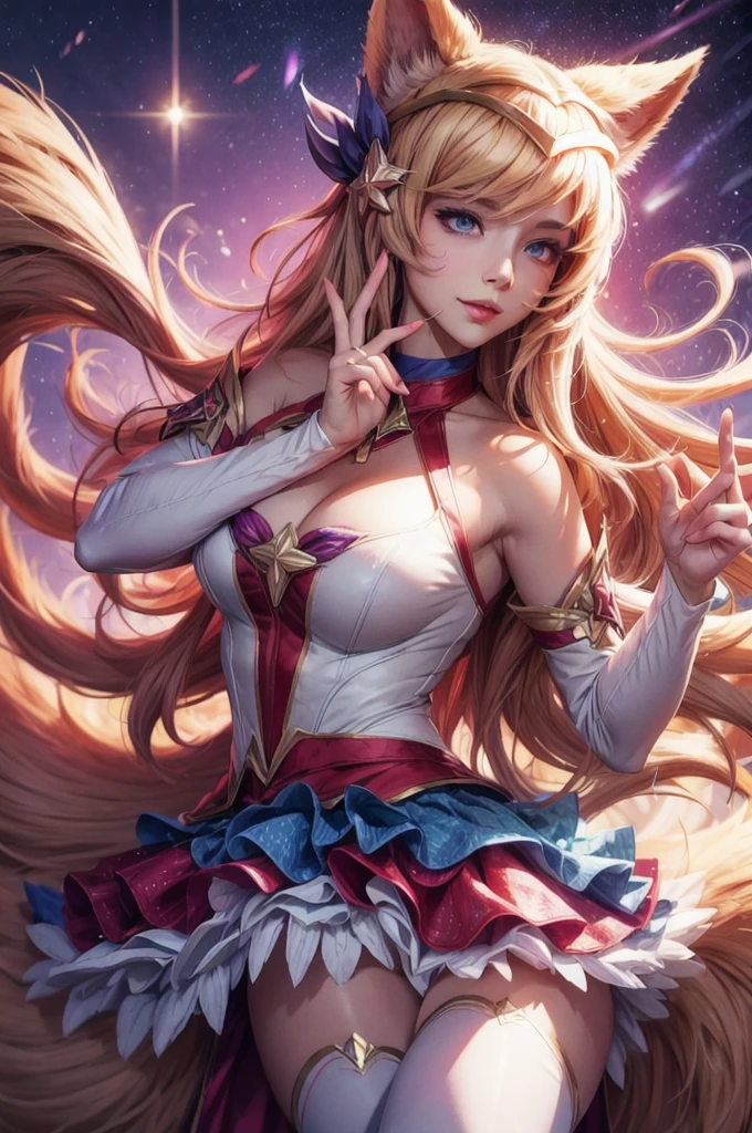 (best quality, masterpiece:1.4), absurdres, ultra-detailed CG, 8k, high detailed, beautiful face, detailed face, 1girl, solo ahri star guardian, IncrsAhriSG, animal ears, fox tail, multiple tails, hair ornament, highlighted sleeves, bare shoulders, skirt, zettai ryouiki, magic, multiple tails, blonde hair, light smile, thick lips, huge breasts, perfect body, thin waist, wide hips