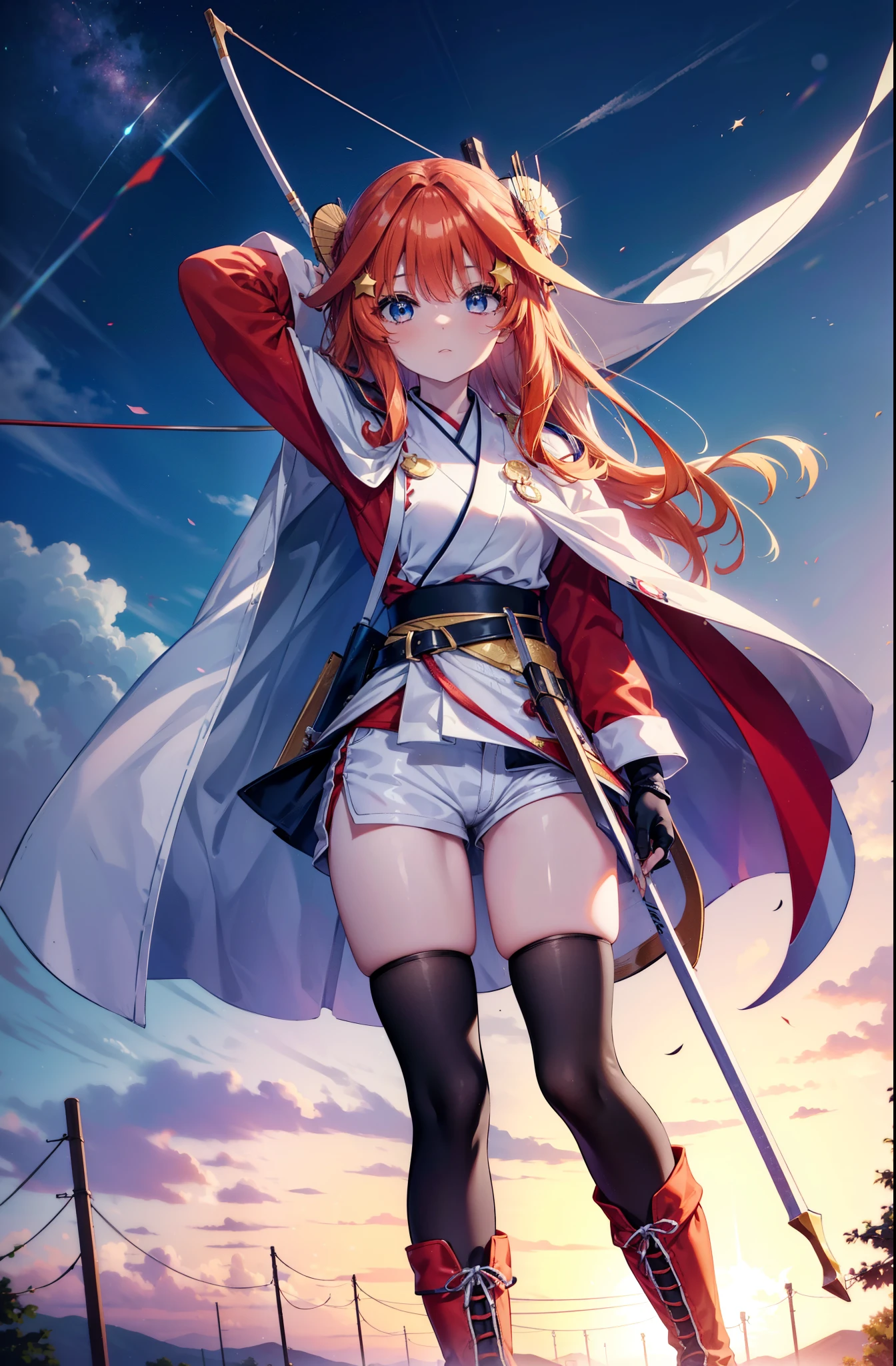 itsukinakano, itsuki nakano, bangs, blue eyes, Hair between the eyes, Redhead, star \(symbol\), hair ornaments, star hair ornaments,Long Hair,Carrying an archery bag,He has a quiver on one side, boots, Cape,gloves, red Knee socks, High heels, Shorts, Knee socks,whole bodyがイラストの中に入っていくように,歩いている
break outdoors, forest,forest林, break looking at viewer,whole body, 
break (masterpiece:1.2), Highest quality, High resolution, unity 8k wallpaper, (shape:0.8), (Fine and beautiful eyes:1.6), Highly detailed face, Perfect lighting, Highly detailed CG, (Perfect hands, Perfect Anatomy),