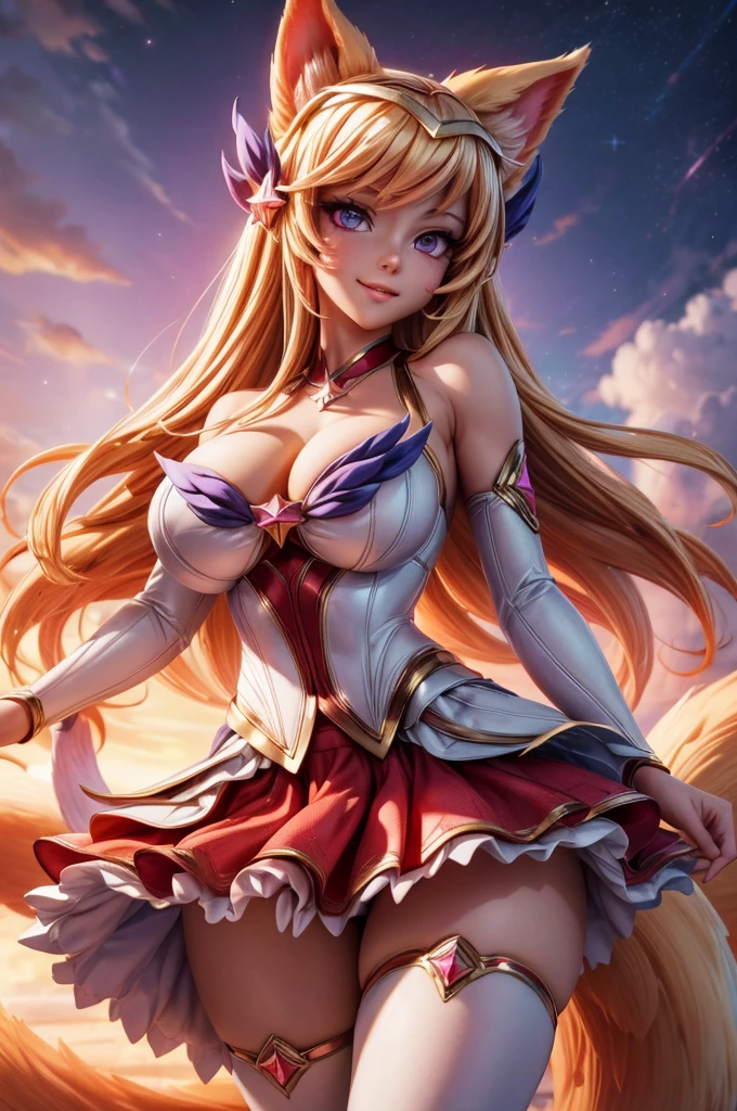 (best quality, masterpiece:1.4), absurdres, ultra-detailed CG, 8k, high detailed, beautiful face, detailed face, 1girl, solo ahri star guardian, IncrsAhriSG, animal ears, fox tail, multiple tails, hair ornament, highlighted sleeves, bare shoulders, skirt, zettai ryouiki, magic, multiple tails, blonde hair, light smile, thick lips, huge breasts, perfect body, thin waist, wide hips