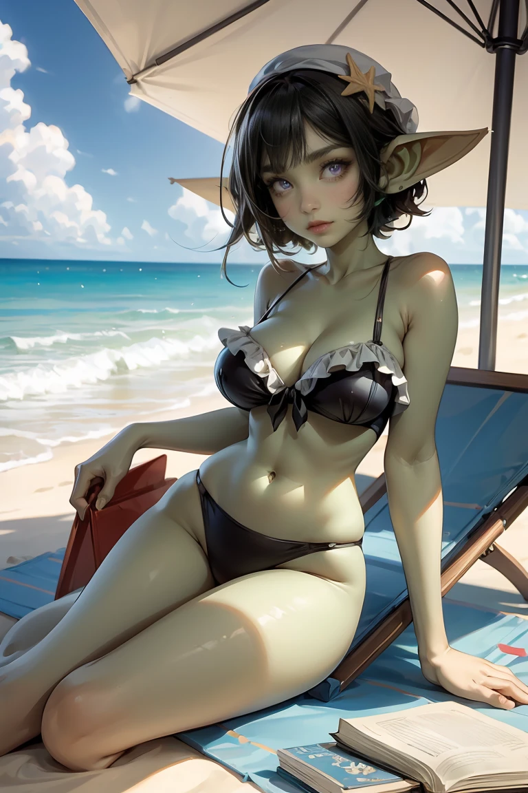 ((best quality)), ((masterpiece)), (detailed), perfect face, ((green skin)), pointy ears, very shy, tiny breasts, wearing sunglasses, short dark hair, on the beach, sitting in a beach chair under a large umbrella, wearing large beach hat, in the shade of an umbrella, wearing a modest 1-piece swimsuit, full body, reading a book, sunglasses, sitting in beach chair, wearing hat, wearing frilly 1-peice swimsuit, 