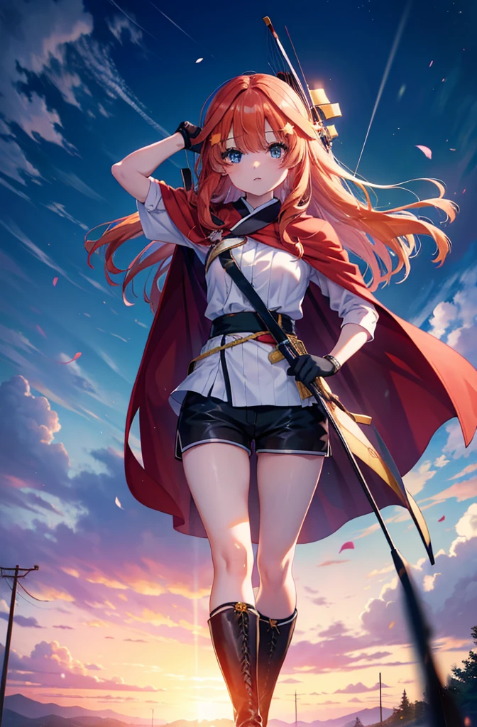 itsukinakano, itsuki nakano, bangs, blue eyes, Hair between the eyes, Redhead, star \(symbol\), hair ornaments, star hair ornaments,Long Hair,Carrying an archery bag,He has a quiver on one side, boots, Cape,gloves, red Knee socks, High heels, Shorts, Knee socks,whole bodyがイラストの中に入っていくように,歩いている
break outdoors, forest,forest林, break looking at viewer,whole body, 
break (masterpiece:1.2), Highest quality, High resolution, unity 8k wallpaper, (shape:0.8), (Fine and beautiful eyes:1.6), Highly detailed face, Perfect lighting, Highly detailed CG, (Perfect hands, Perfect Anatomy),