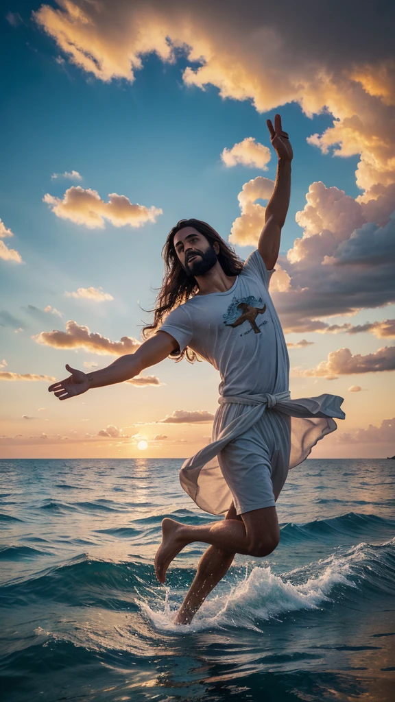 This image depicts a painting of Jesus Christ walking on water with his arms outstretched upwards worshiping heaven. The scene is peaceful, with clouds in the sky combining the colors sky blue and sunset orange and a sense of tranquility. The colors of the painting are mainly earth tones, with warm orange accents.Bird's-eye view:, Nikon D850 camera with a Nikkor f/2.8E FL ED VR lens