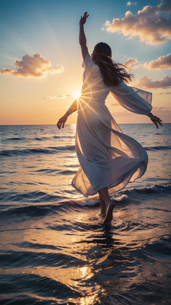 This image depicts a painting of Jesus Christ walking on water with his arms outstretched upwards worshiping heaven. The scene is peaceful, with clouds in the sky combining the colors sky blue and sunset orange and a sense of tranquility. The colors of the painting are mainly earth tones, with warm orange accents.Bird's-eye view:, Nikon D850 camera with a Nikkor f/2.8E FL ED VR lens